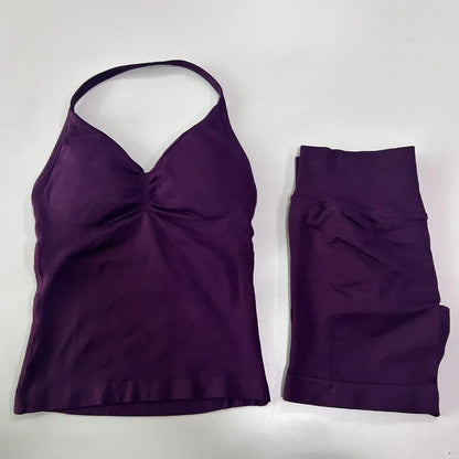 Women's 2-Piece Seamless Workout Set – Backless Tank Top & Scrunch Shorts