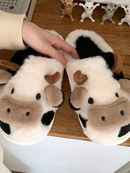 Cute Cow Plush Slippers – Warm Non-Slip Winter House Shoes