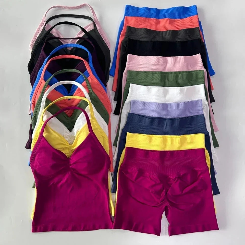 Women's 2-Piece Seamless Workout Set – Backless Tank Top & Scrunch Shorts