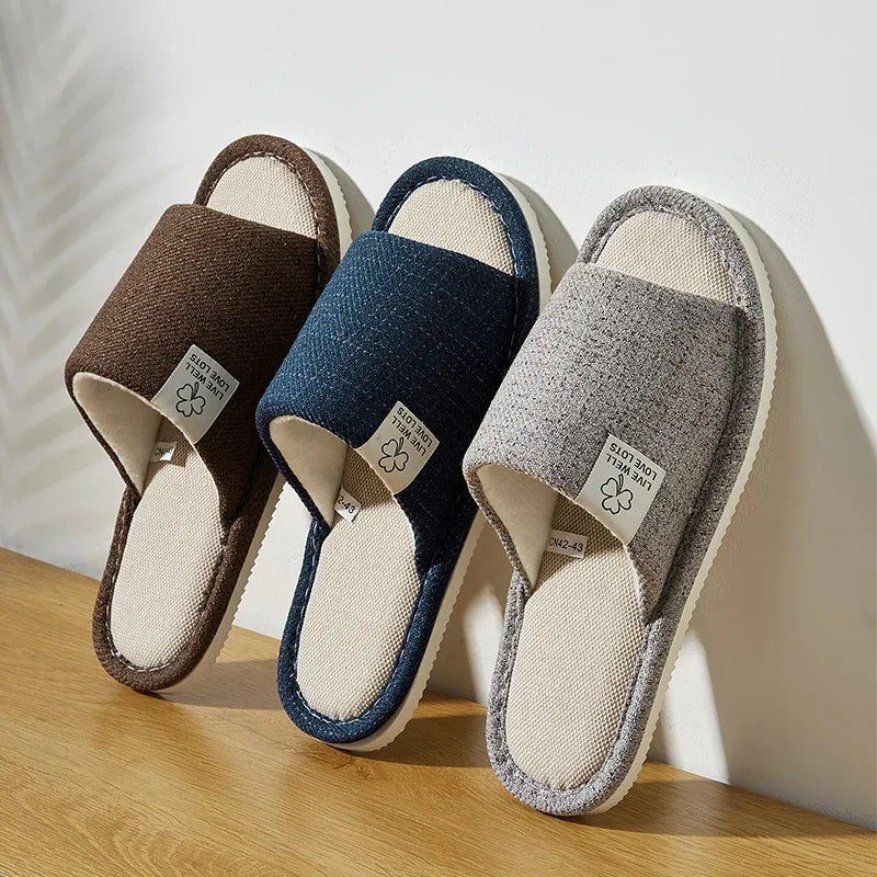 Linen Home Slippers – Open-Toe Breathable Indoor Shoes for Men & Women