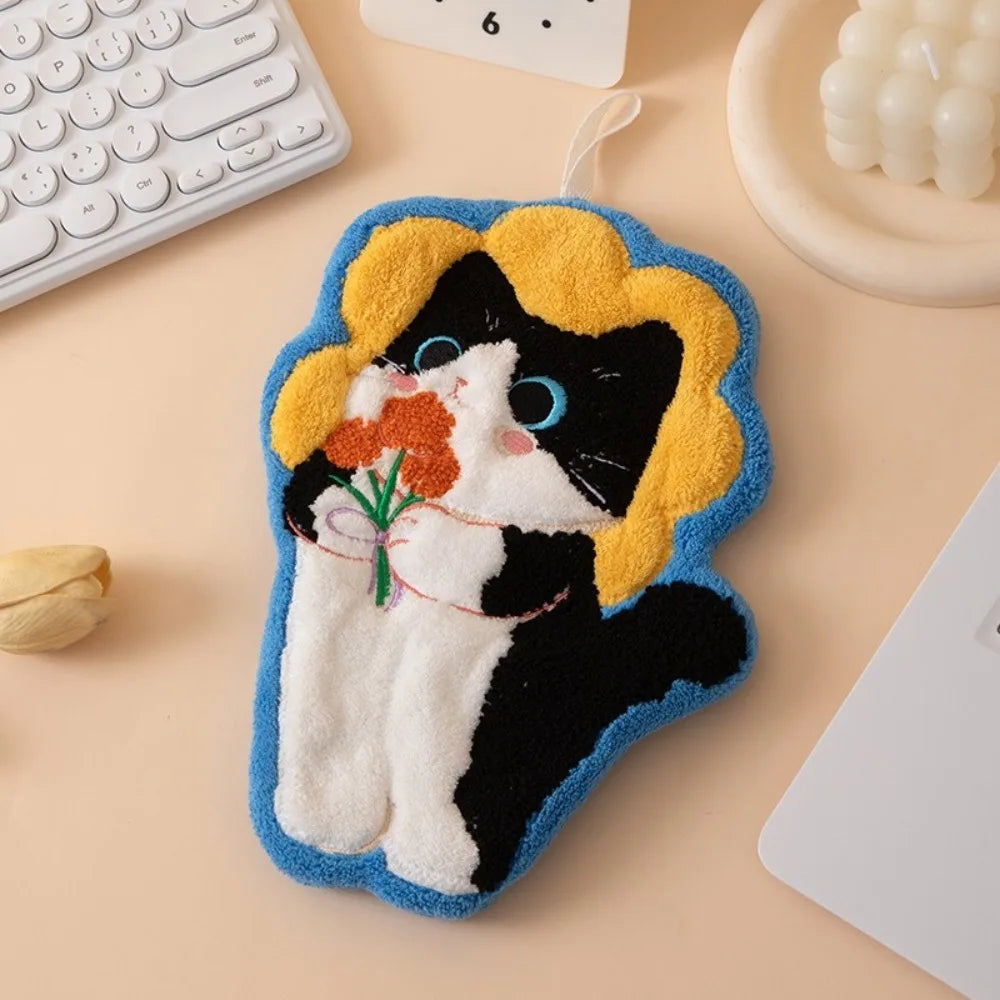 Cute Cat Hand Towel – Coral Fleece Hanging Bathroom Towel