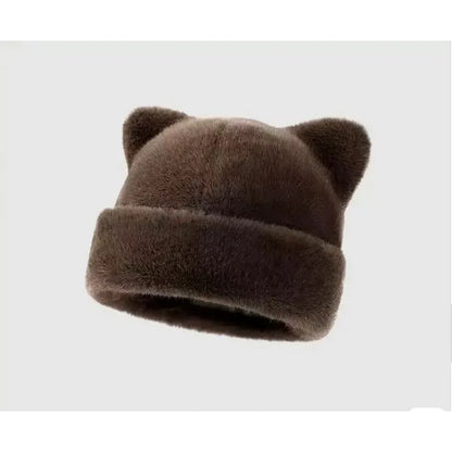 Plush Bear Ear Beanie – Cute Fluffy Winter Hat for Women