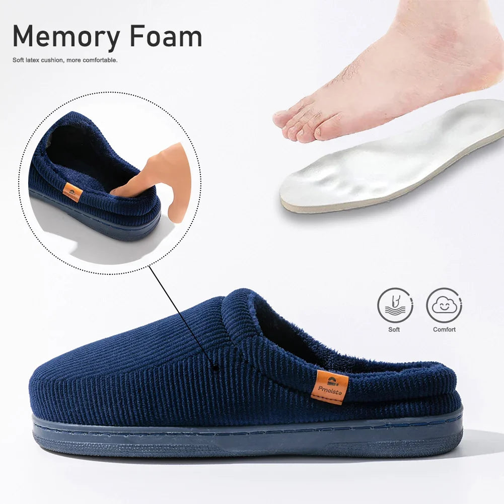 Memory Foam Winter Slippers – Anti-Slip Corduroy House Shoes for Men