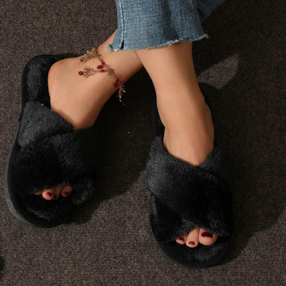 Fluffy Cross-Band Slippers – Plush Open-Toe Women's House Shoes