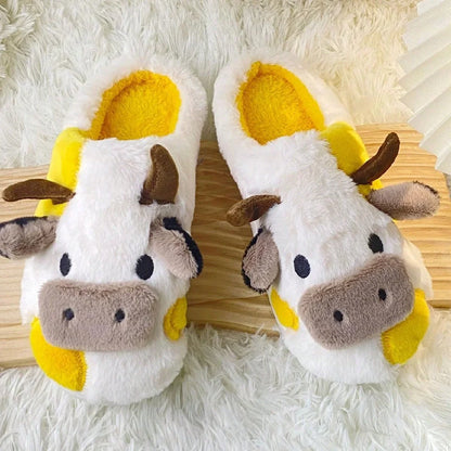 Cute Cow Plush Slippers – Warm Non-Slip Winter House Shoes