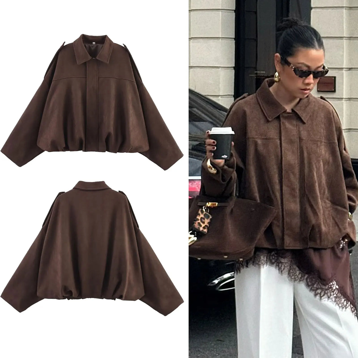 Women's Oversized Suede Texture Batwing Coat