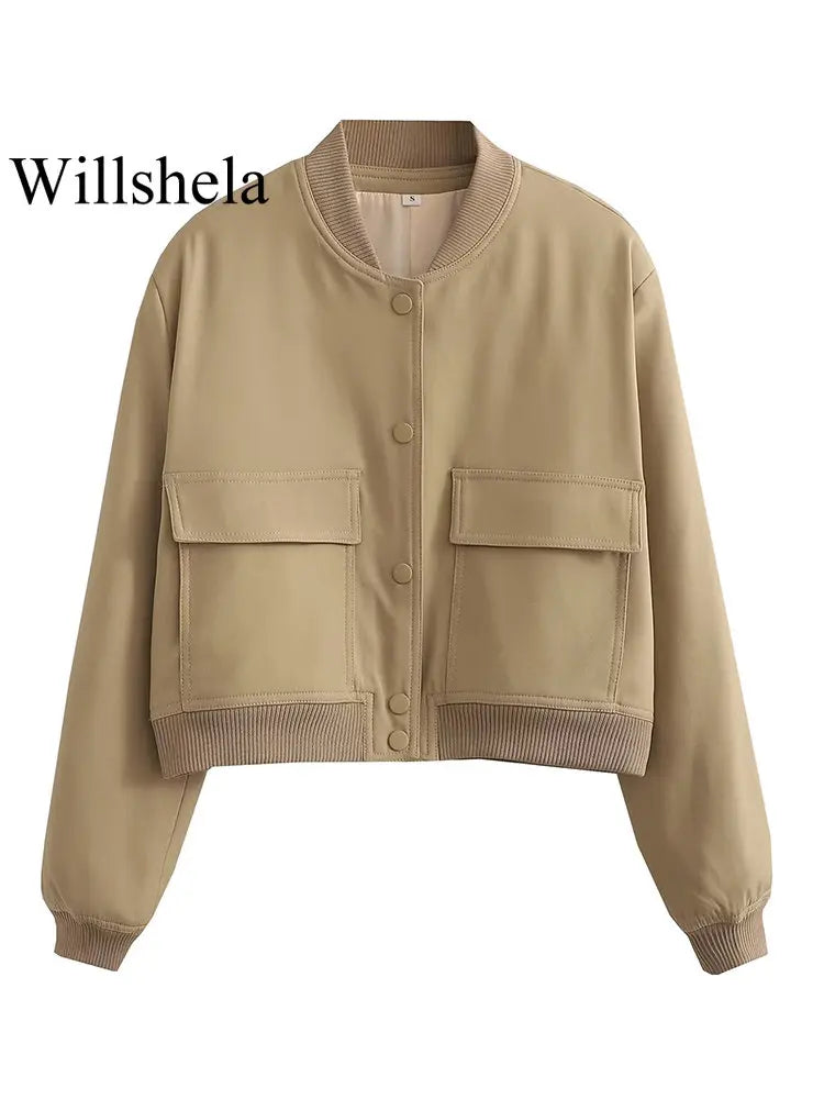Women's Bomber Jacket – Solid V-Neck Single Breasted Coat with Pockets