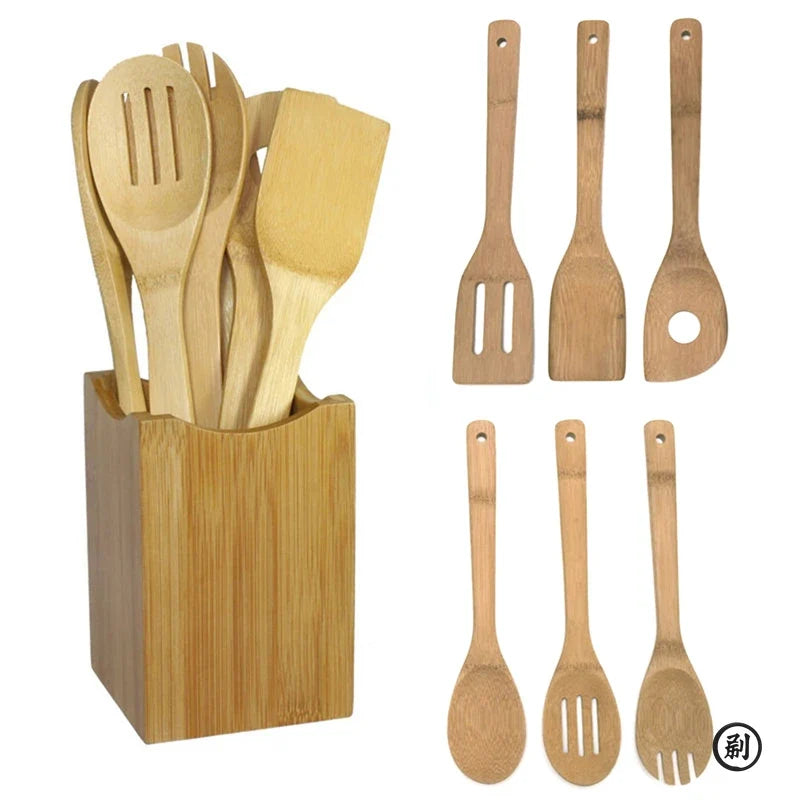 Bamboo Kitchen Utensil Set – 6-Piece Wooden Cooking Tools with Holder