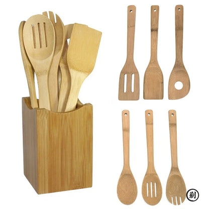 Bamboo Kitchen Utensil Set – 6-Piece Wooden Cooking Tools with Holder