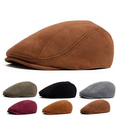 Suede Flat Cap Newsboy Beret – Vintage Winter Hat for Men & Women