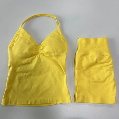 Women's 2-Piece Seamless Workout Set – Backless Tank Top & Scrunch Shorts