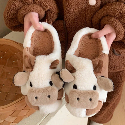 Cute Cow Plush Slippers – Warm Non-Slip Winter House Shoes