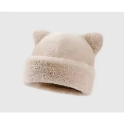 Plush Bear Ear Beanie – Cute Fluffy Winter Hat for Women