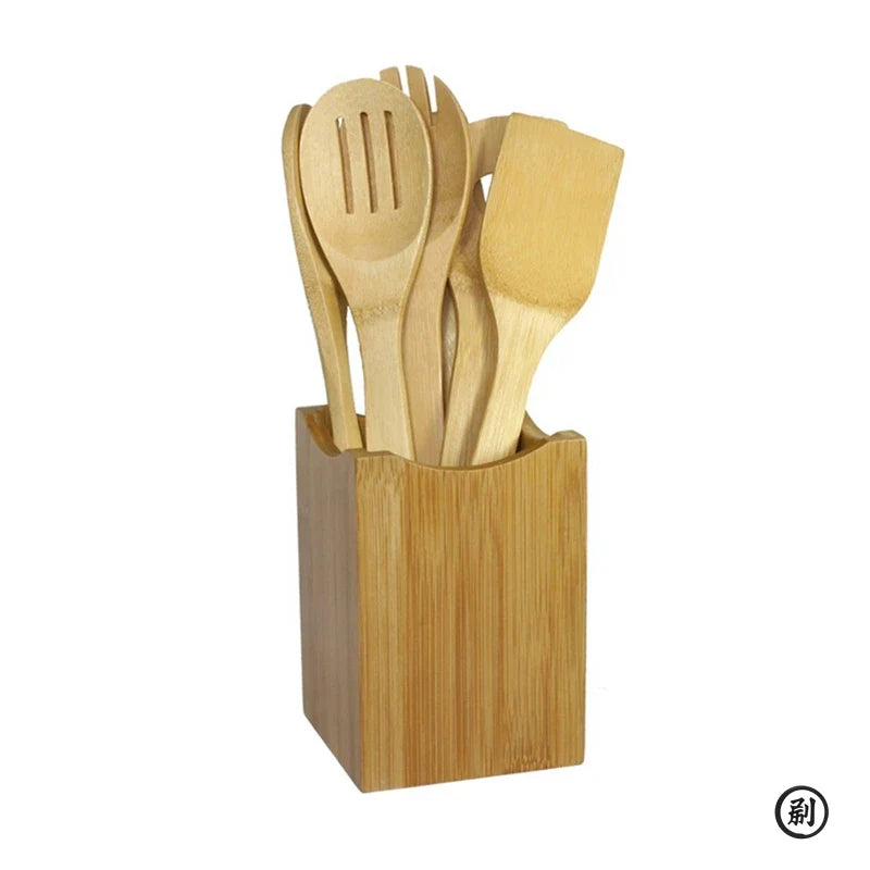Bamboo Kitchen Utensil Set – 6-Piece Wooden Cooking Tools with Holder