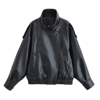 Women's Oversized Faux Leather Jacket – Asymmetric Button Loose Coat