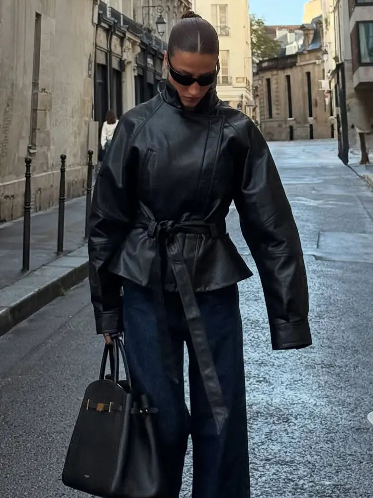 Women's Faux Leather Belted Jacket – Lapel Long Sleeve Coat