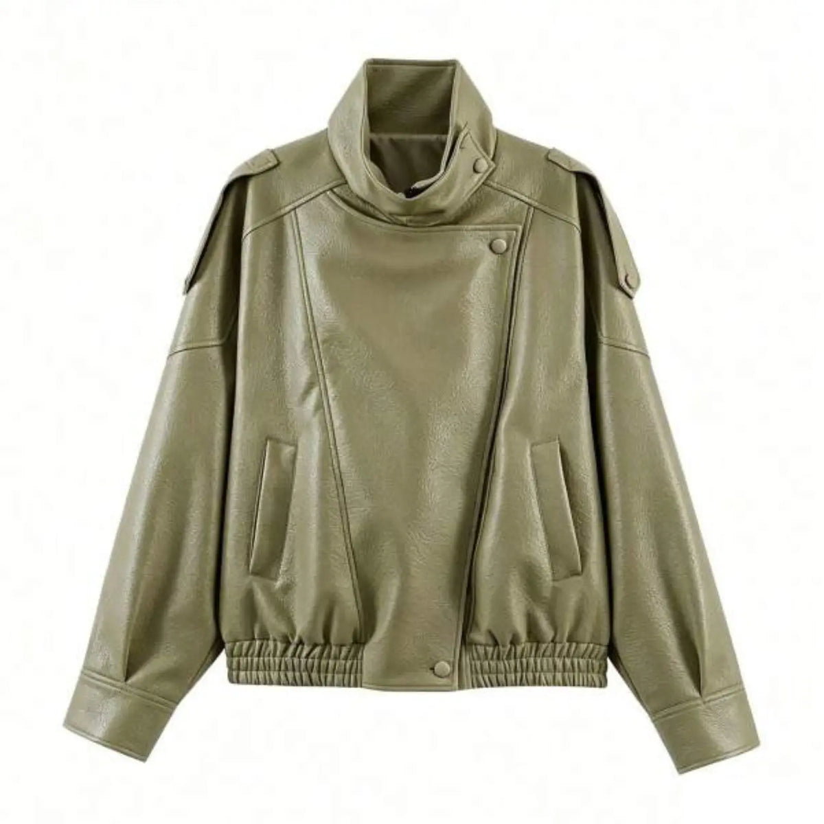 Women's Oversized Faux Leather Jacket – Asymmetric Button Loose Coat