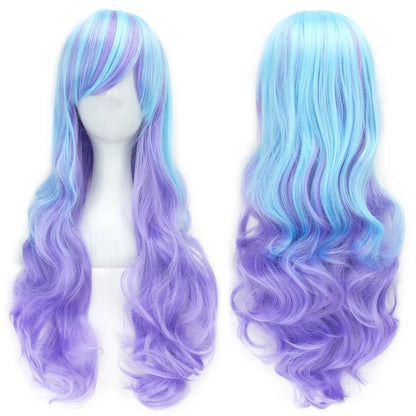 Rainbow Ombre Cosplay Wig with Bangs – Long Wavy Synthetic Hair