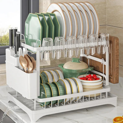 2-Tier Stainless Steel Dish Drying Rack with Drainboard & Utensil Holder