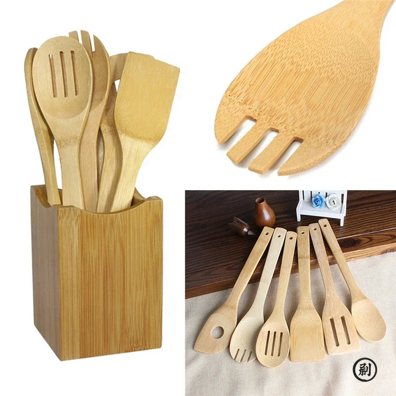 Bamboo Kitchen Utensil Set – 6-Piece Wooden Cooking Tools with Holder