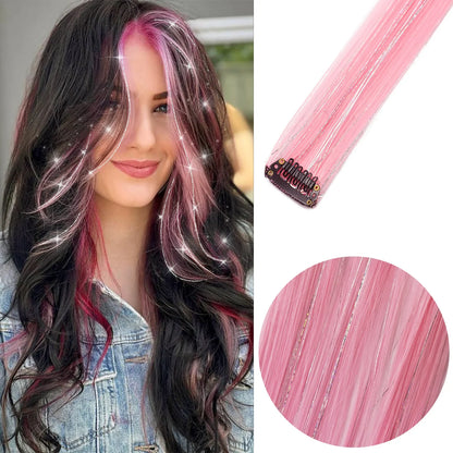 Clip-In Hair Extensions 6pcs – Colorful Highlight Streaks with Tinsel, 22 Inches