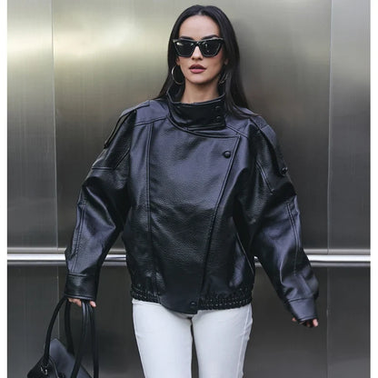 Women's Faux Leather Oversized Bomber Jacket – Winter Outerwear