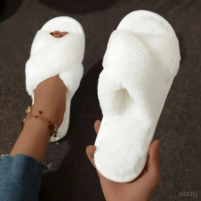 Women's Fuzzy Cross-Band Slippers – Plush Fur Indoor House Shoes