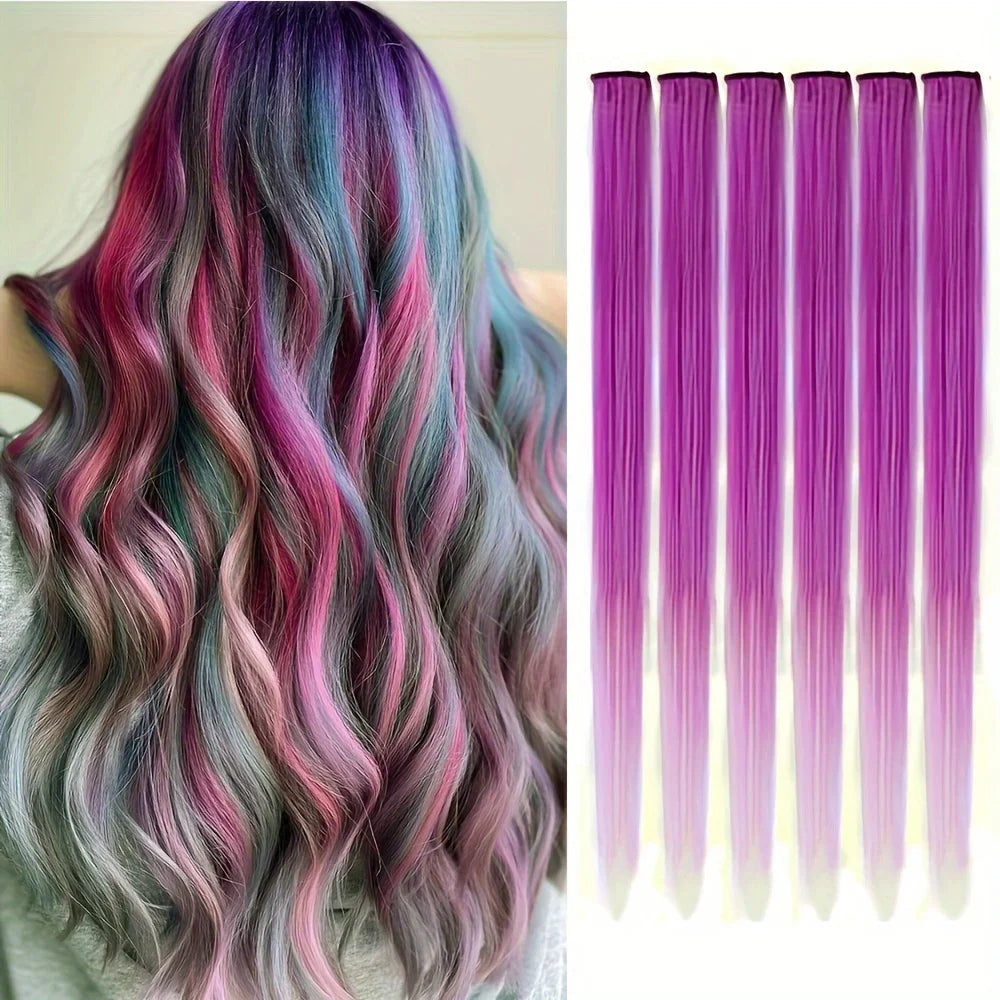 Clip-In Hair Extensions 6pcs – Colorful Highlight Streaks with Tinsel, 22 Inches