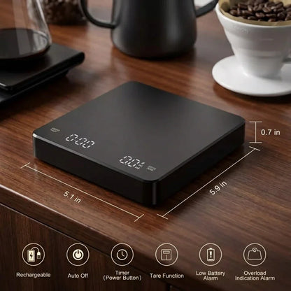 Digital Coffee Scale with Timer – USB Rechargeable, 0.1g Accuracy