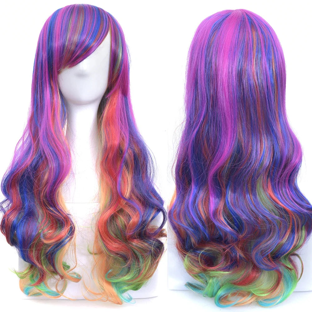 Rainbow Ombre Cosplay Wig with Bangs – Long Wavy Synthetic Hair