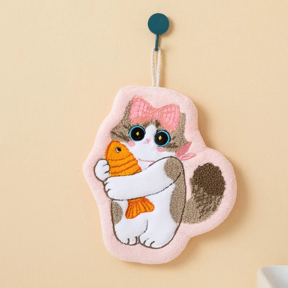 Cute Cat Hand Towel – Coral Fleece Hanging Bathroom Towel