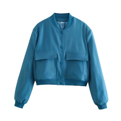 Women's Bomber Jacket – Solid V-Neck Single Breasted Coat with Pockets