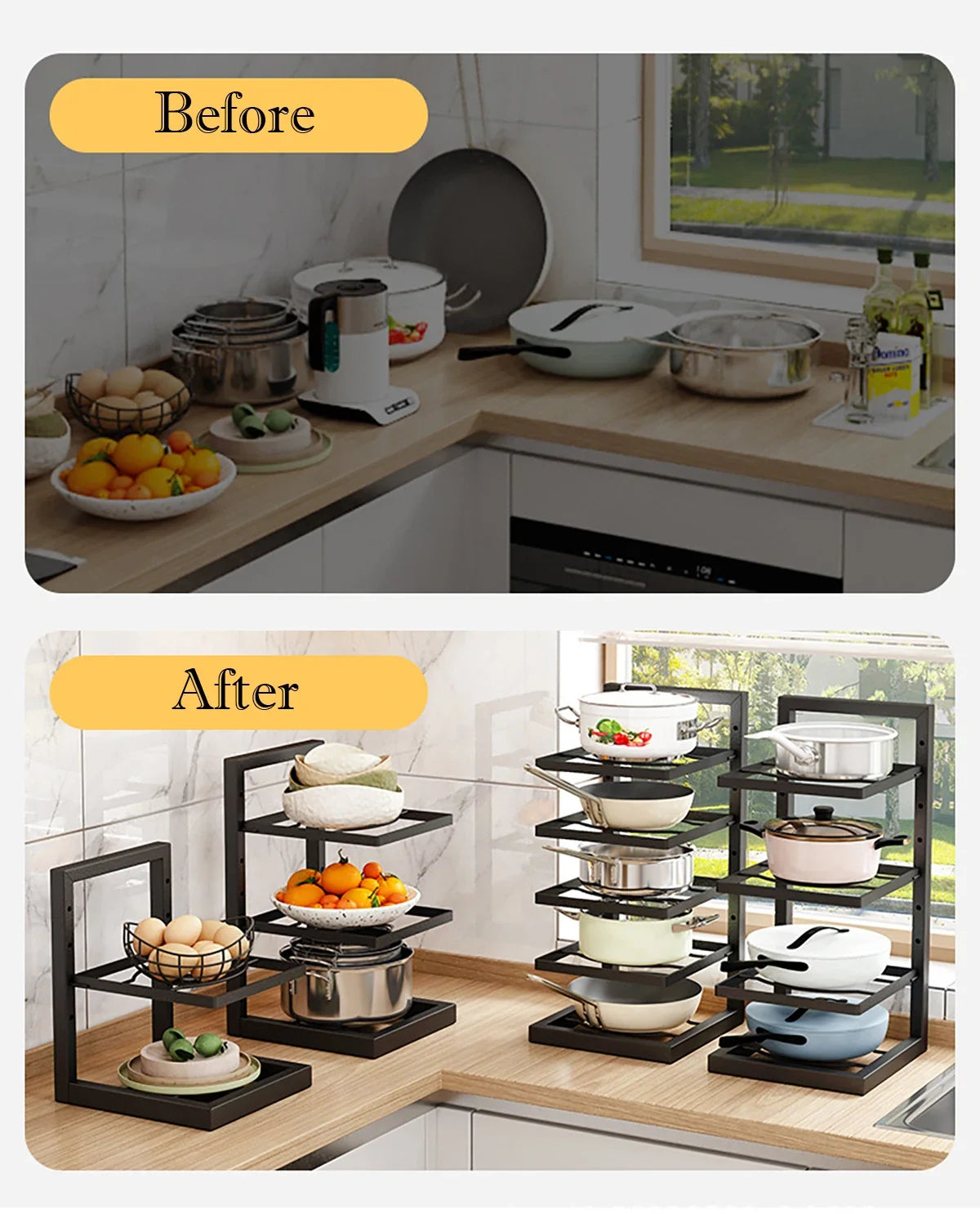 Multi-Tier Pot Rack Organizer – Adjustable Carbon Steel