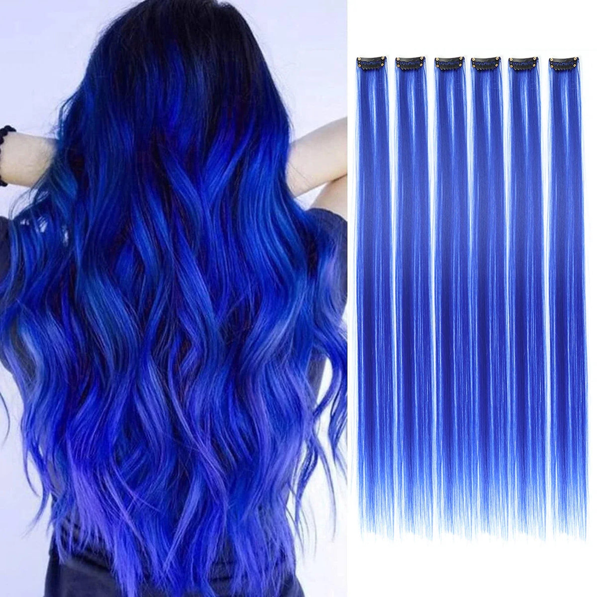 Clip-In Hair Extensions 6pcs – Colorful Highlight Streaks with Tinsel, 22 Inches