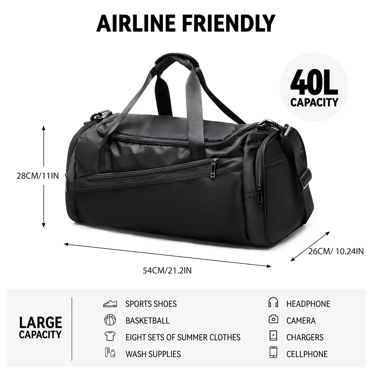 40L Gym Duffel Bag with Shoe Compartment – Foldable Travel Bag for Men & Women