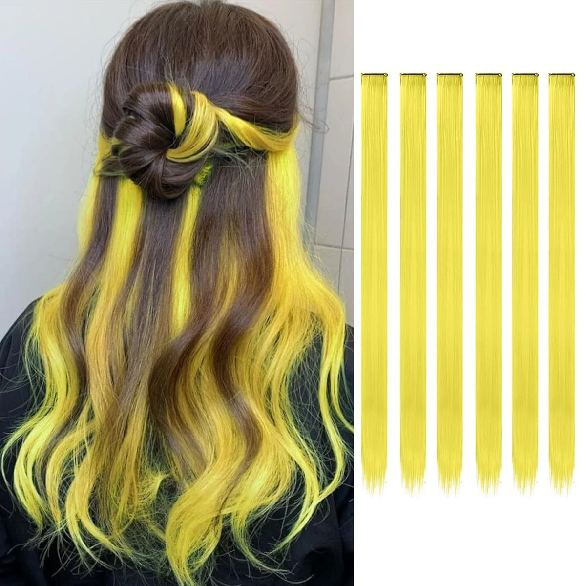 Clip-In Hair Extensions 6pcs – Colorful Highlight Streaks with Tinsel, 22 Inches