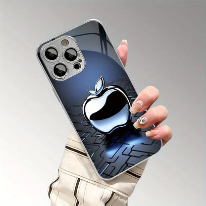 Tempered Glass iPhone Case – 3D Metal Apple Tech Pattern, Electroplated