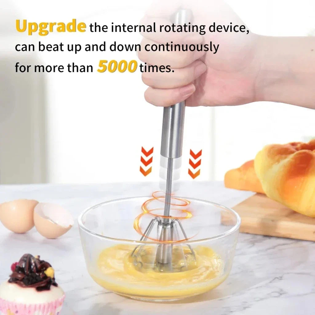 Semi-Automatic Stainless Steel Egg Whisk – Self-Turning Hand Mixer