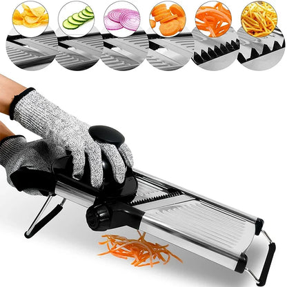 Adjustable Mandoline Slicer – Stainless Steel Vegetable Cutter with Cut-Resistant Glove
