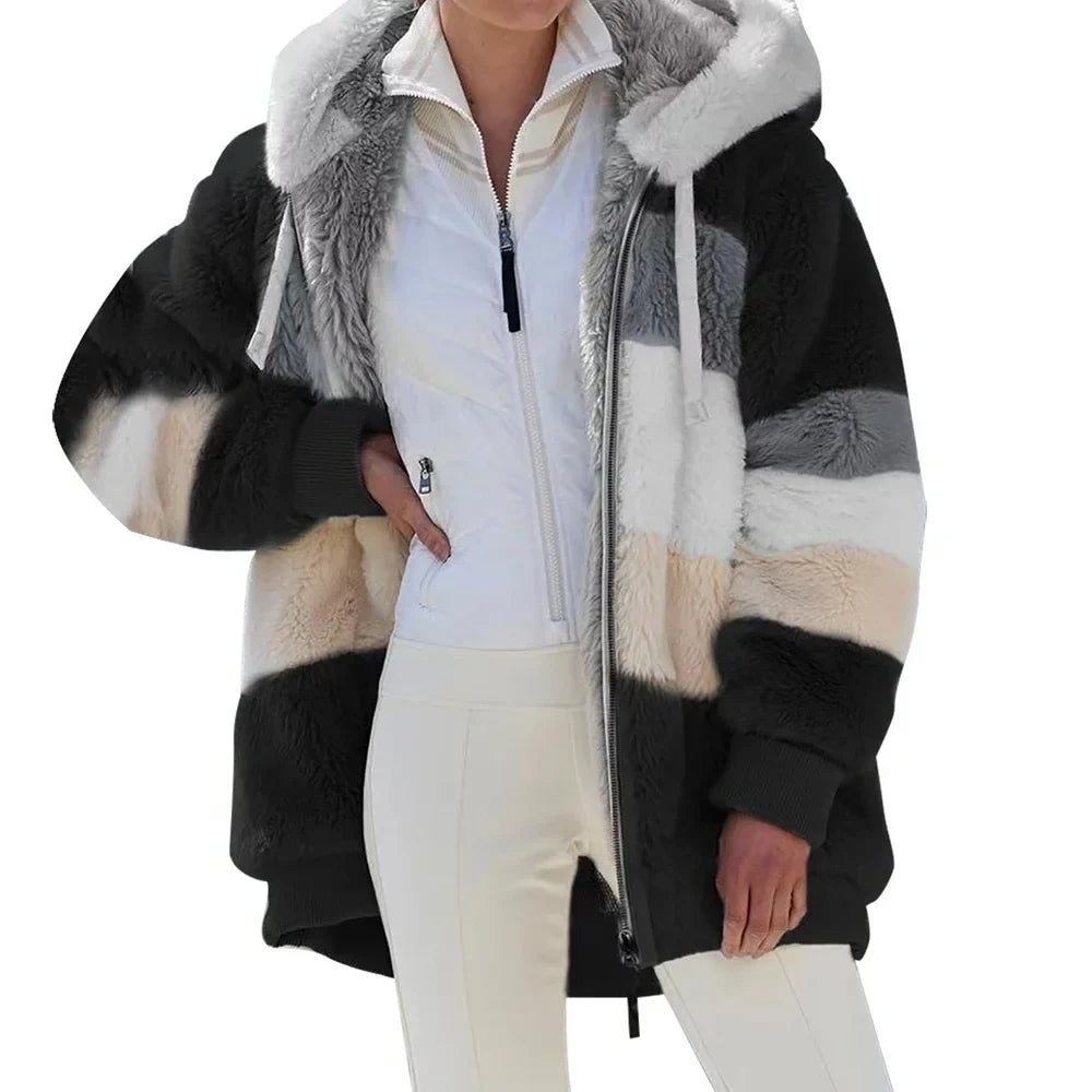 Women's Oversized Fluffy Hooded Jacket – Color Block Teddy Coat