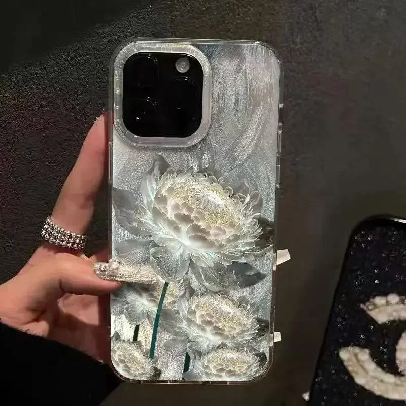 White Lotus Flower Clear iPhone Case with Wrist Strap
