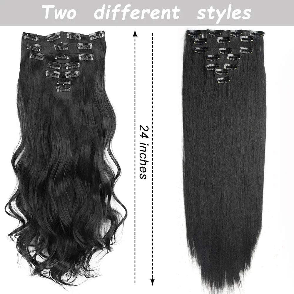 Clip-In Hair Extensions 7pcs 16 Clips Wavy Synthetic 24 Inch
