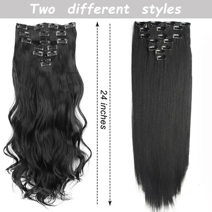 Clip-In Hair Extensions 7pcs 16 Clips Wavy Synthetic 24 Inch