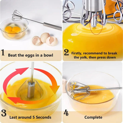 Semi-Automatic Stainless Steel Egg Whisk – Self-Turning Hand Mixer