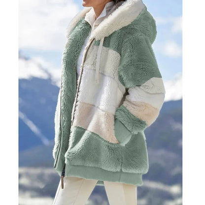 Women's Oversized Fluffy Hooded Jacket – Color Block Teddy Coat