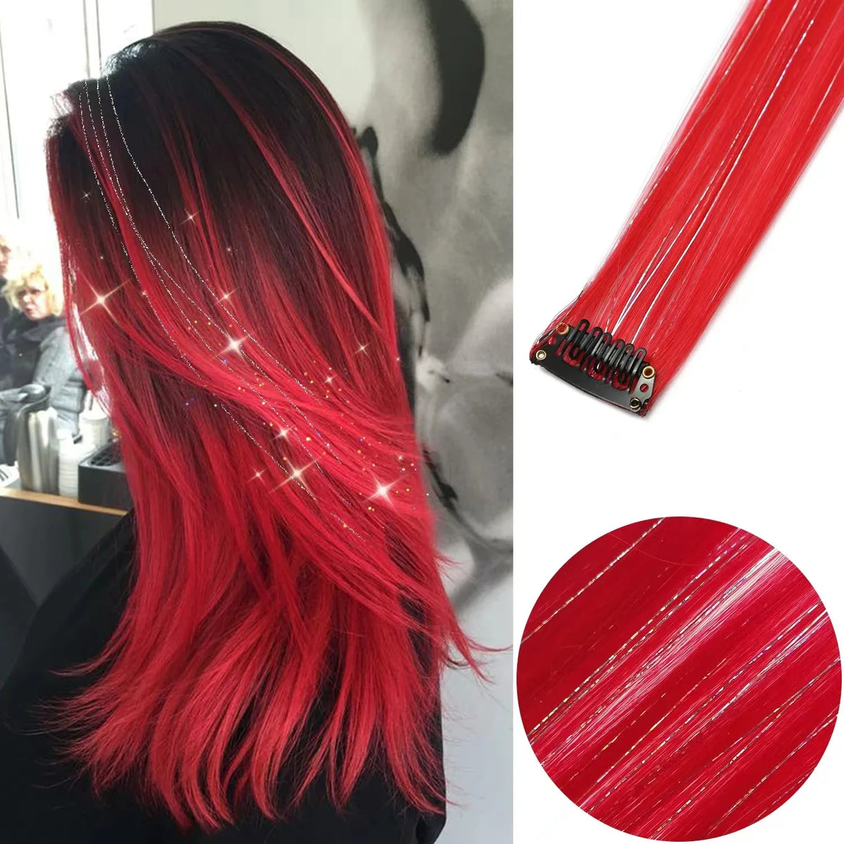 Clip-In Hair Extensions 6pcs – Colorful Highlight Streaks with Tinsel, 22 Inches