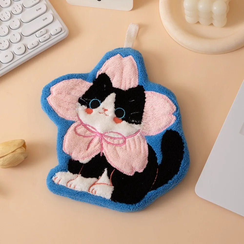 Cute Cat Hand Towel – Coral Fleece Hanging Bathroom Towel