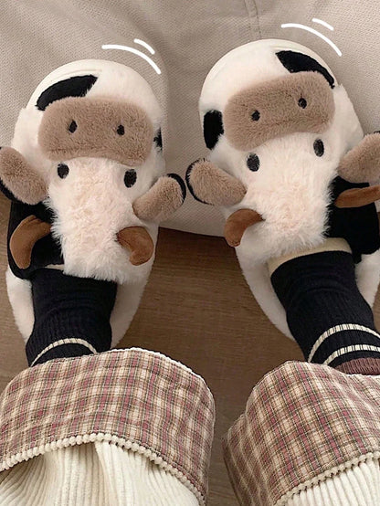 Cute Cow Plush Slippers – Warm Non-Slip Winter House Shoes