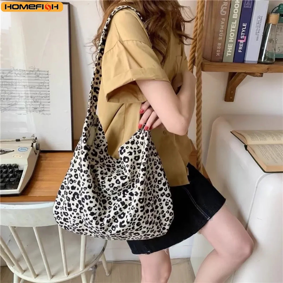 Leopard Print Canvas Shoulder Bag – Korean Style Messenger Bag