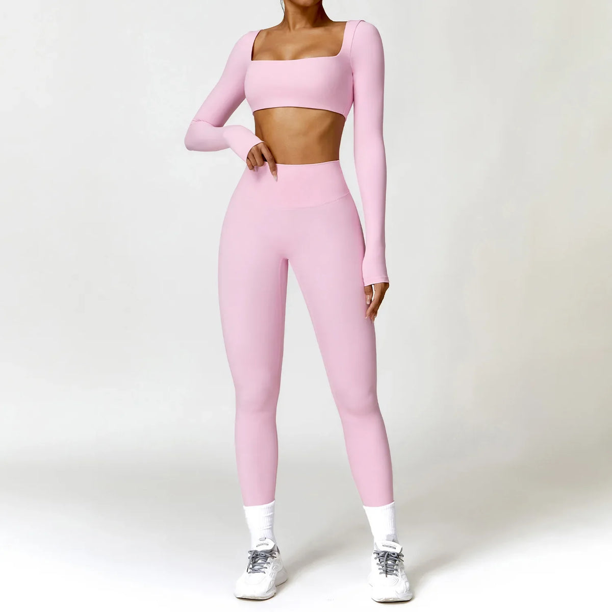 Women's 2-Piece Yoga Set – Long Sleeve Crop Top & Shorts